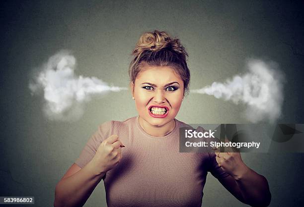 Angry Woman Blowing Steam Coming Out Of Ears Stock Photo - Download Image Now - Anger, Displeased, Women