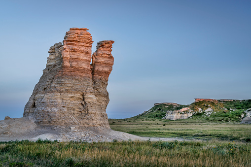 Castle Rock - limestone pillar landmark in prairie of western Kansas near Quinter (Gove County) , summer dusk scenery