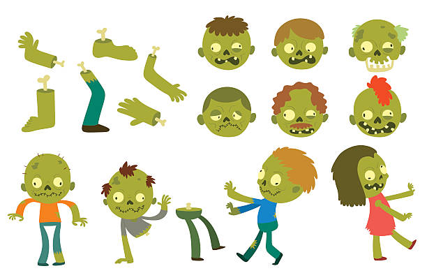 Cartoon zombie characters Colorful zombie scary cartoon characters and magic people body cartoon fun. Cute green cartoon zombie character part of body monsters vector illustration. Horror zombie people isolated animal leg stock illustrations