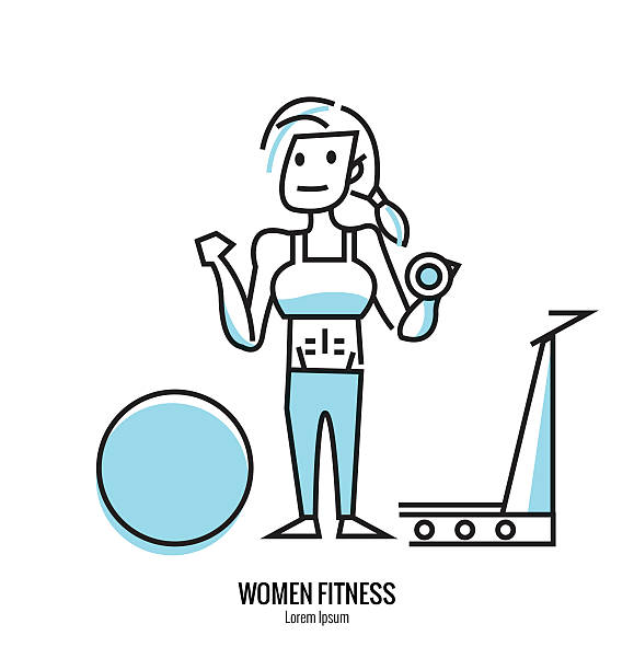 Women lifting a dumbbell, barbell. fitness attire inside the gym. flat line design. vector illustration cartoon muscular man lifting heavy weights stock illustrations