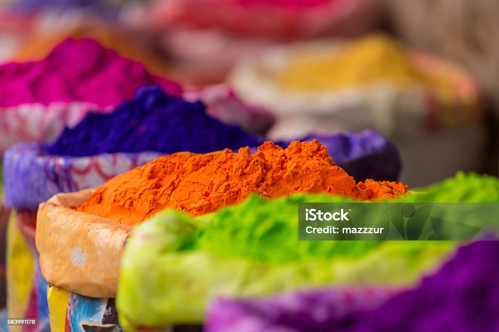 Colorful piles of powdered dyes used for Holi festival Colorful piles of powdered dyes used for Holi festival in India Holi Stock Photo