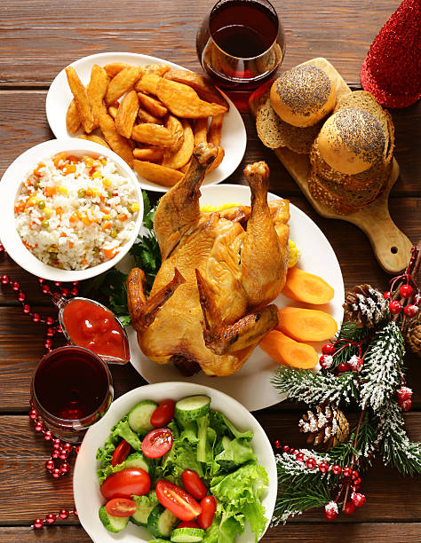 traditional food for Christmas dinner, festive table setting and decorations