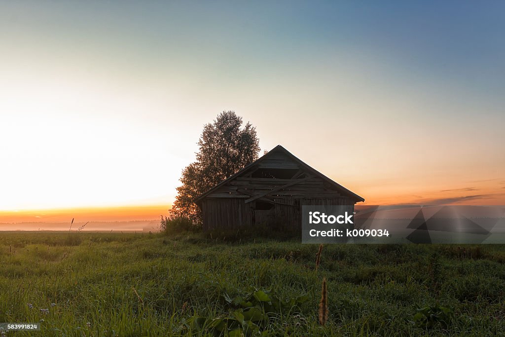 Mist And Barn Houses The mist rises from the fields of the Northern Finland on a summer night and gradually covers the old barn houses. Agricultural Field Stock Photo