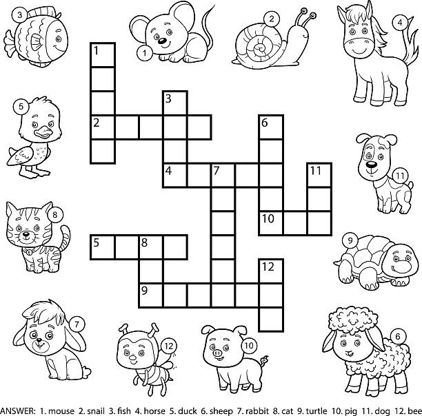 Vector black and white crossword about domestic animals Vector black and white crossword, education game for children about domestic animals crossword stock illustrations