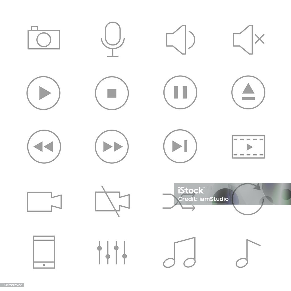 Symbols Music Control and Music Player Set Of Music Icons Line This is graphics vector Illustration icons. Ready to use for websites, social medias, presentations, applications, info graphic and illustrations. Push Button stock vector