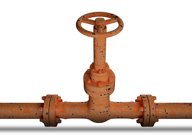 tubo e valvola di ruggine industriale 3d su sfondo bianco. - pipeline pipe valve three dimensional shape foto e immagini stock