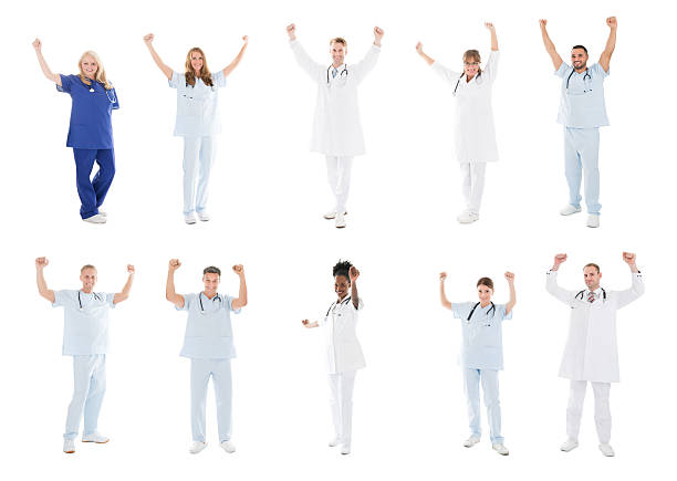 istock Collage Of Doctors With Medical Workers Raising Arms 583994152