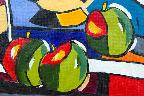 Original oil painting close up detail - apples Vibrant multi-colored original oil painting close up detail showing brushwork and canvas textures - apples expressionism stock pictures, royalty-free photos & images