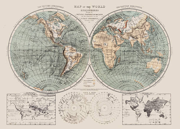 stockillustraties, clipart, cartoons en iconen met map of the world 1869 - antiek ouderwets