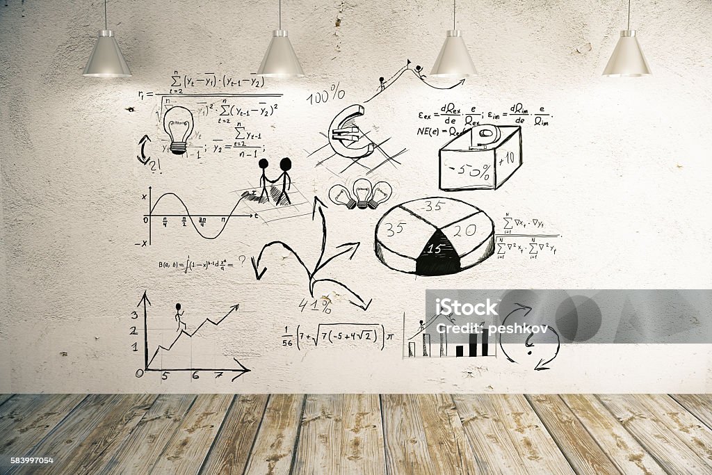 Business scheme in room Business scheme on concrete wall in room with wooden floor and ceiling lamps. 3D Rendering Market Research Stock Photo