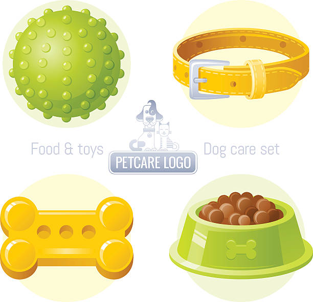 Dog care vector icon set with logo design Pet care vector icon set on white background contains toy, collar, food illustrations. Logo design template with abstract cat and dog together for pet shop, veterinary clinic, animal care concept pet toy stock illustrations