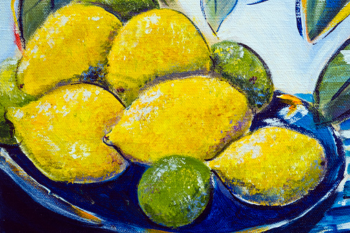 Vibrant multi-colored original oil painting close up detail showing brushwork and canvas textures - lemons