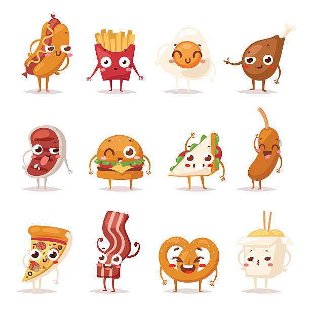 ilustraciones, imágenes clip art, dibujos animados e iconos de stock de ilustración del vector de emociones de comida rápida. - hamburger refreshment hot dog bun