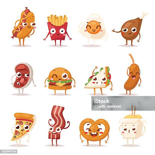 Fast Food Emotion Vector Illustration Stock Illustration - Download Image Now - Characters, Burger, Vector