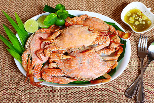 istock Steamed Blue swimming crabs or flower crabs. 584000642