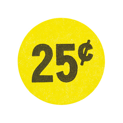 A bright yellow generic twenty five cent garage sale sticker isolated on a white background.