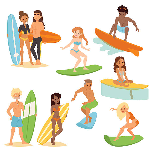 ilustrações de stock, clip art, desenhos animados e ícones de surf pessoas vetor set. - women sea cheerful surfing