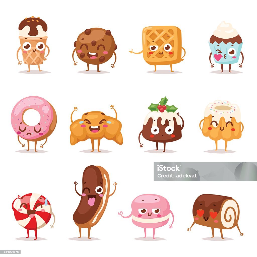 Sweet emotion vector set. Collection sweets emotion lovely dessert candy and dessert doodle icon, cute cake, adorable candy, sweet ice cream, jelly bean. Sweet emotion girly cookie. Confectionery caramel sweet emotion. Candy stock vector