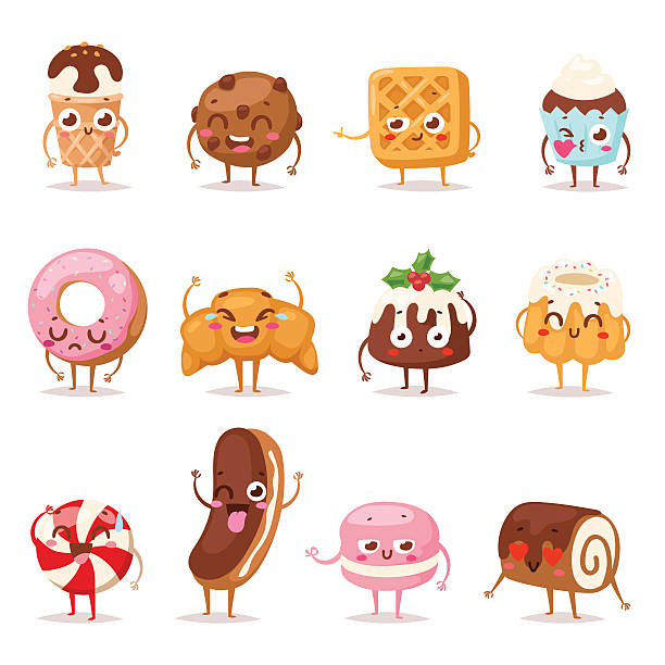 Sweet emotion vector set. Collection sweets emotion lovely dessert candy and dessert doodle icon, cute cake, adorable candy, sweet ice cream, jelly bean. Sweet emotion girly cookie. Confectionery caramel sweet emotion. sugar food stock illustrations
