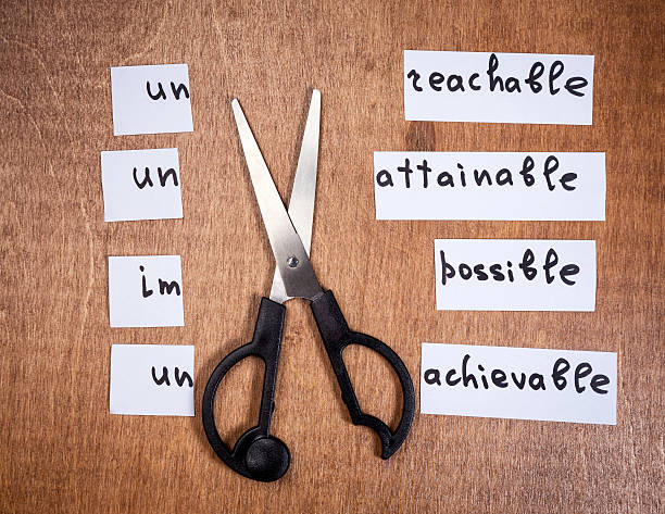 Self motivation concept. Negative words cut with scissors. stock photo
