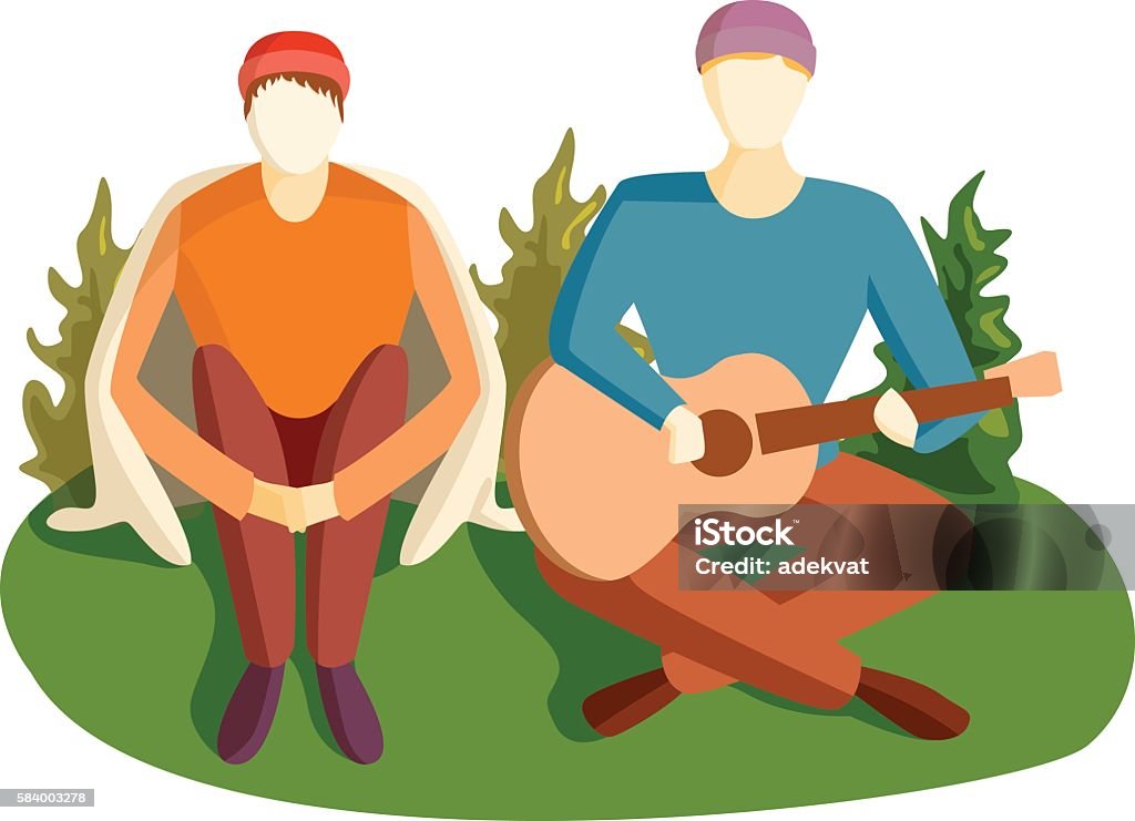 Guitar song vector illustration. Romantic young man playing an acoustic guitar song, sitting on green grass wooden floor. Young man playing guitar and sings song. Guitar song vector illustration camping man character. Classical Guitar stock vector