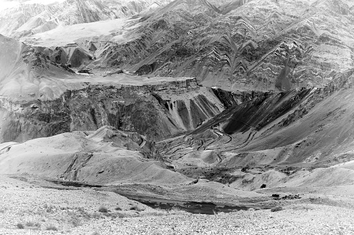 Beautiful black and white aerial view of moonland , Himalayan mountain background, Ladakh,Jammu and Kashmir, India. Stock photograph of Ladakh.