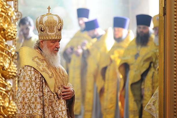 Russia baptism anniversary Divine Lutirgy. Patriarch Kirill and bishops Orel, Russia - July 28, 2016: Russia baptism anniversary Divine Lutirgy. Patriarch Kirill and bishops in altar orthodox church photos stock pictures, royalty-free photos & images