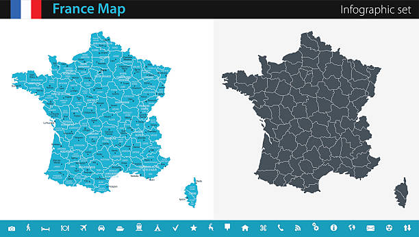 France Map - Infographic Set Vector maps of the France with variable specification and icons  The urls of the reference files are (country, continent, world map and globe):  http://www.lib.utexas.edu/maps/europe/france_admin91.jpg http://www.lib.utexas.edu/maps/world_maps/time_zones_ref_2011.pdf    - The illustration was completed April 23, 2016 and created in Corel Draw  - 1 layer of data used for the detailed outline of the land france stock illustrations