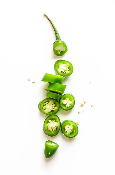 Collection of Indian spicy green chillies in market for sale.