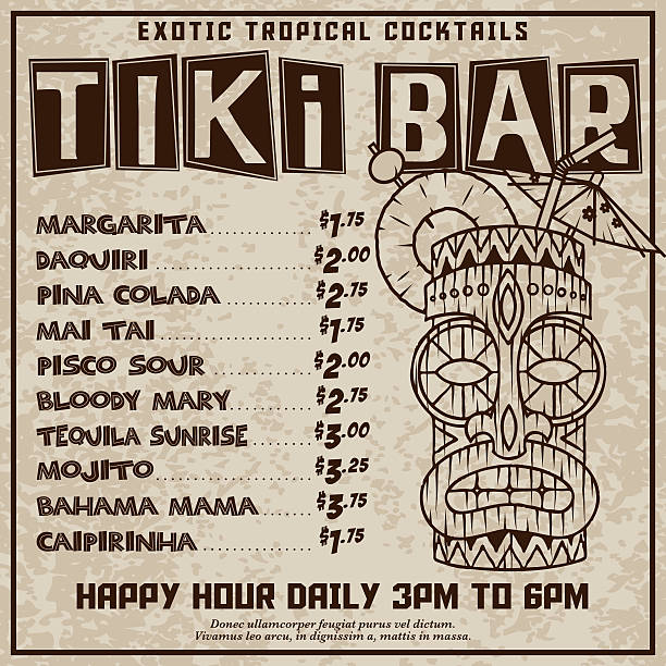 ilustrações de stock, clip art, desenhos animados e ícones de funky retro tiki bar advertisement - margarita cocktail drink umbrella drink