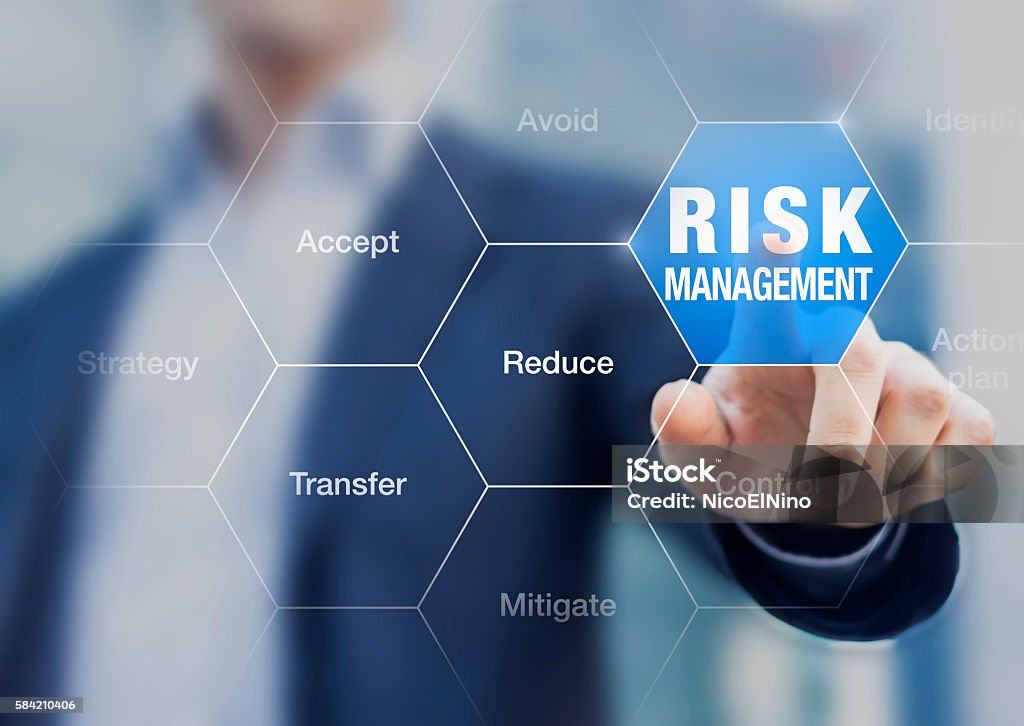 Businessman pointing at risk management concept on screen Risk Management Stock Photo