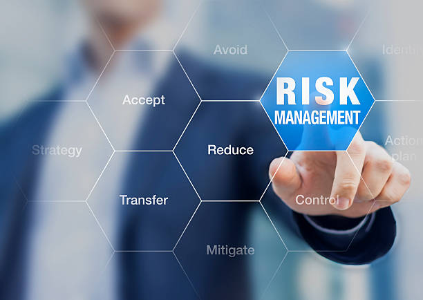 businessman pointing at risk management concept on screen - risk management imagens e fotografias de stock