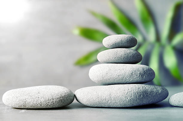 istock Stones balance and palm on grey background. 584211064
