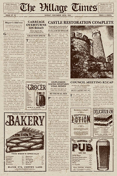 Vintage Victorian Style Newspaper Design Template A vector illustration of an old fashioned newspaper in a Victorian style of typography. Decorative typefaces are mixed together to create the design. Download includes AI10 EPS and a high resolution JPEG file.  figurehead stock illustrations