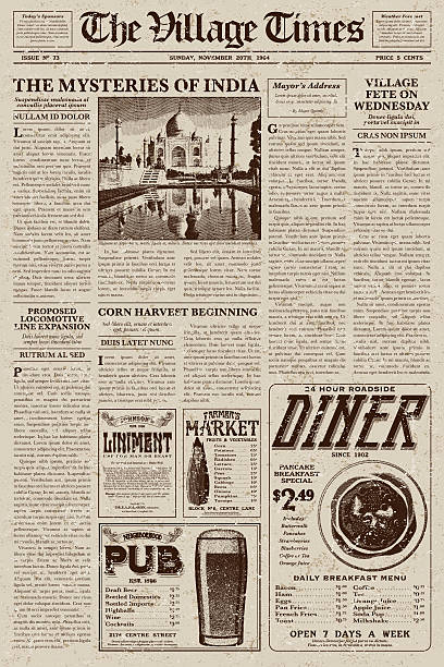 Vintage Victorian Style Newspaper Design Template A vector illustration of an old fashioned newspaper in a Victorian style of typography. Decorative typefaces are mixed together to create the design. Download includes AI10 EPS and a high resolution JPEG file.  diner illustrations stock illustrations