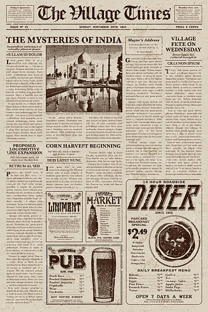 Vintage Victorian Style Newspaper Design Template A vector illustration of an old fashioned newspaper in a Victorian style of typography. Decorative typefaces are mixed together to create the design. Download includes AI10 EPS and a high resolution JPEG file.  old newspaper stock illustrations