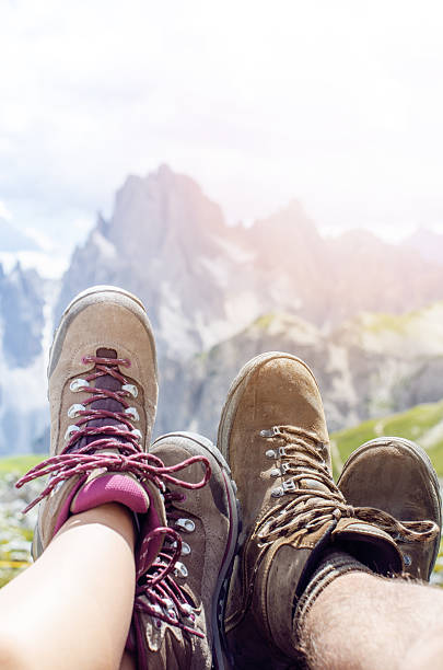 istock Man hiker lie on a ground. 584213826