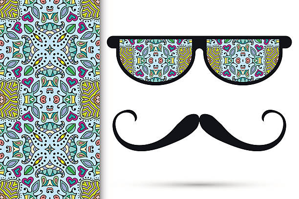 retro-hipster-sonnenbrille und schnurrbart mit nahtlosen geometrischen muster. - pattern seamless doodle retro revival stock-grafiken, -clipart, -cartoons und -symbole
