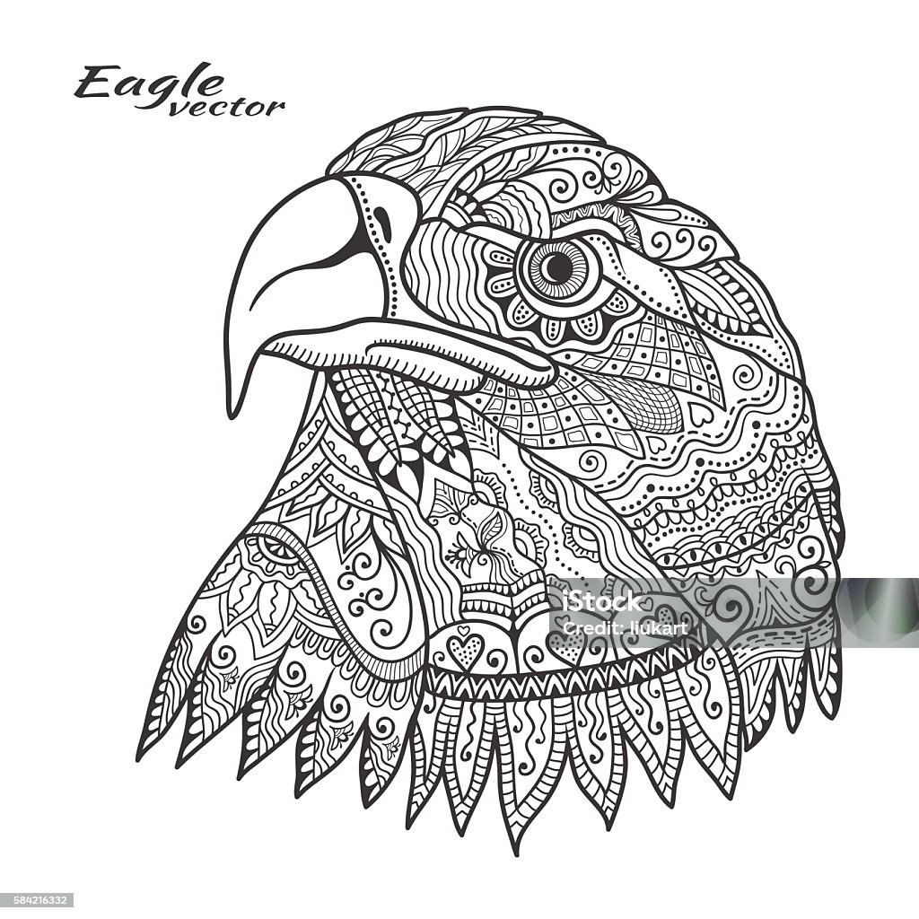 Doodle eagle bird for coloring book page, Eagle. Bird with ethnic floral doodle pattern. Coloring book page, design for spiritual relaxation for adults. Vector illustration, isolated on a white background. Zen doodles Coloring Book Page - Illlustration Technique stock vector