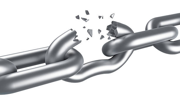 istock Steel chain breaking isolated on white 584217074