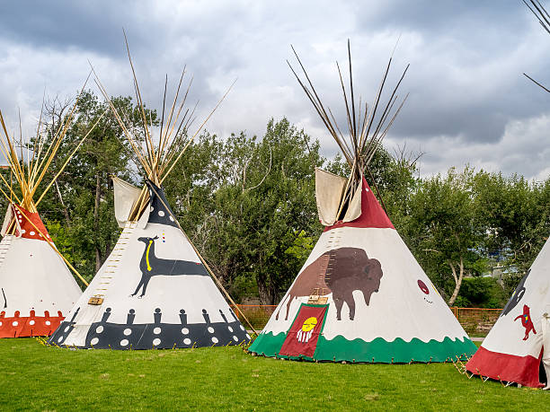 Calgary, Canada - July 9, 2016: View of Tipis in the Indian Village at the Calgary Stampede on July 9, 2016 in Calgary, Alberta. The Indian Village represents First Nations people at the Calgary Stampede.