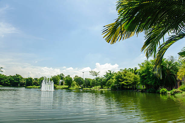 istock fountain in the park and blue sky 584218932