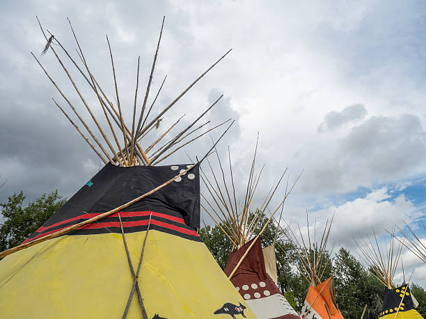 Calgary, Canada - July 9, 2016: View of Tipis in the Indian Village at the Calgary Stampede on July 9, 2016 in Calgary, Alberta. The Indian Village represents First Nations people at the Calgary Stampede.