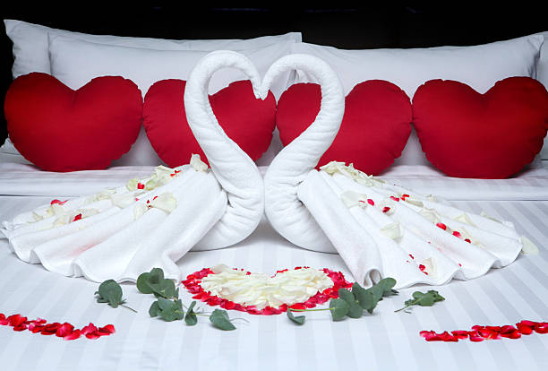 istock Fold a towel swan for decorations with rose petals 584222162