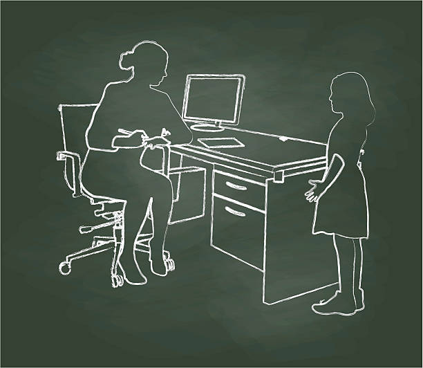 tafel-schüler im chat mit lehrer - student desk drawer computer stock-grafiken, -clipart, -cartoons und -symbole