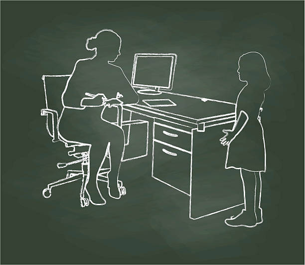 chalkboard student rozmowy z nauczycielem - student desk drawer computer stock illustrations
