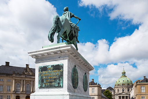 Copenhagen, Denmark - July 20, 2015: The monument to the King Frederik V in Amalienborg square