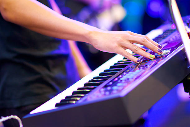 hands of musician playing keyboard in concert hands of musician playing keyboard in concert with shallow depth of field, focus on right hand rocker nails stock pictures, royalty-free photos & images
