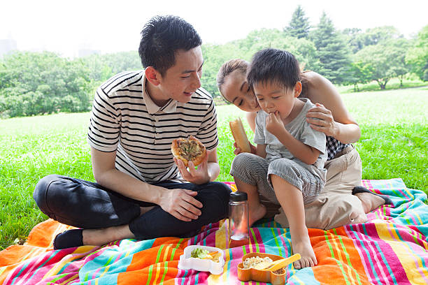 familie beim mittagessen im park - child portrait fine art portrait multi colored stock-fotos und bilder