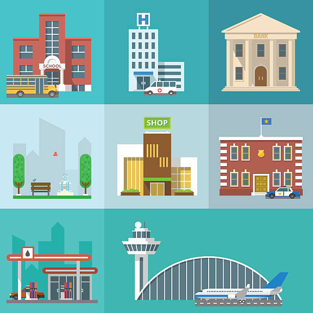 Vector set of public buildings Set of public buildings. City infographics elements. Vector flat design icon collection. Institutions symbols. School, hospital, bank, park, shop, police station, gas station, airport riverbank stock illustrations